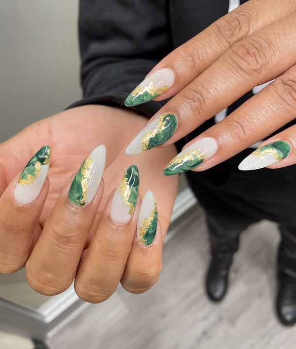 Transfer Foil, Marbling, Stiletto — nail work by Sophy’s Nail Lab