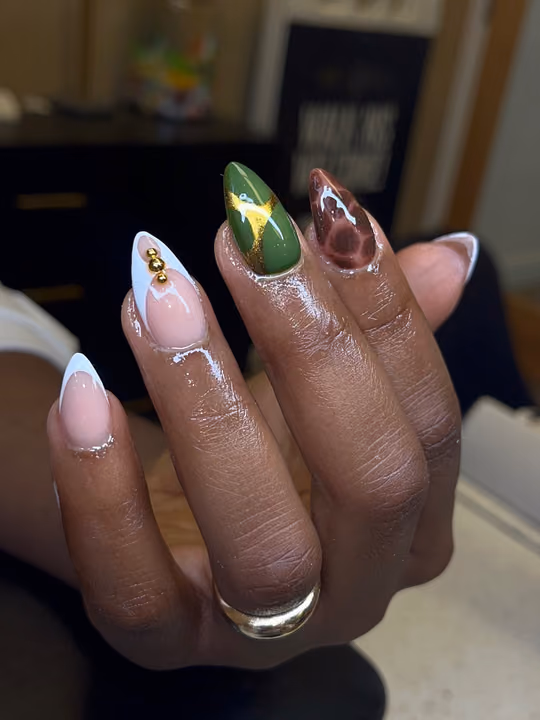 French Manicure, Mixed Media, Reptile Print, Stiletto — nail work by Atlantas #1 Nail Salon