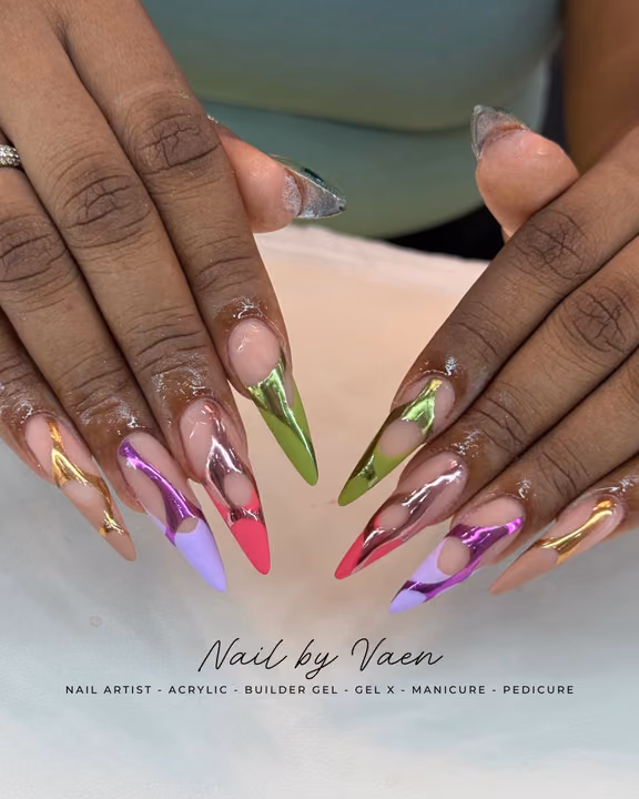Chrome, Negative Space, Acrylic, Stiletto — nail work by Buckhead Nail Studio