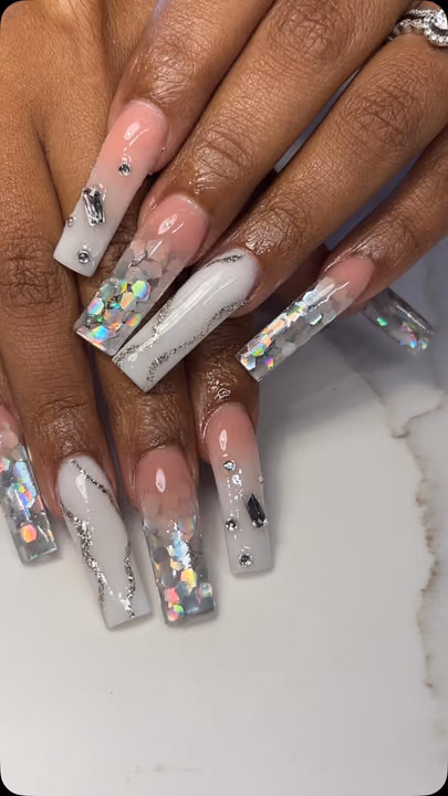 Encapsulation, Glitter Fade, Rhinestone Placement, Line Art — nail work by LuxuryStrokeNails