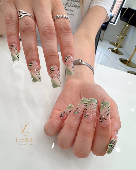 Dot Work, Encapsulation, Hand Painting, Line Art — nail work by Lavish Nails & Lash
