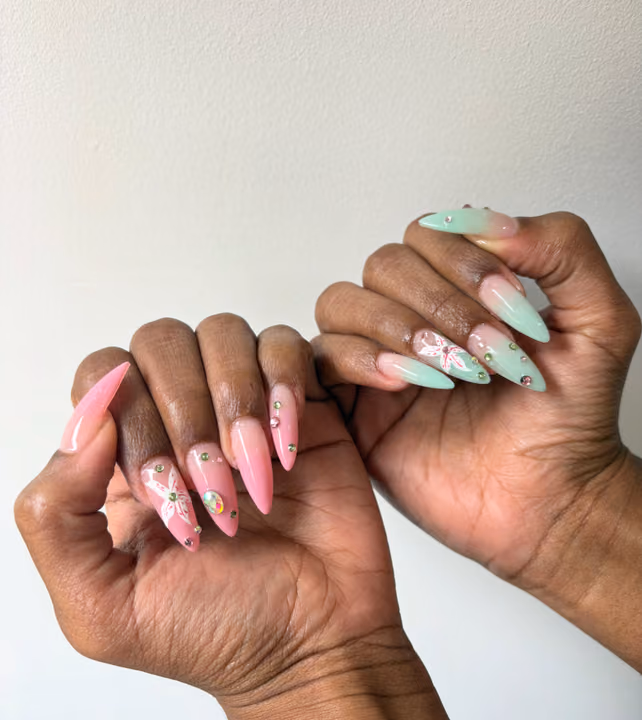 Airbrush, Crystal Placement, Hand Painting — nail work by Lacquer Nail Bar
