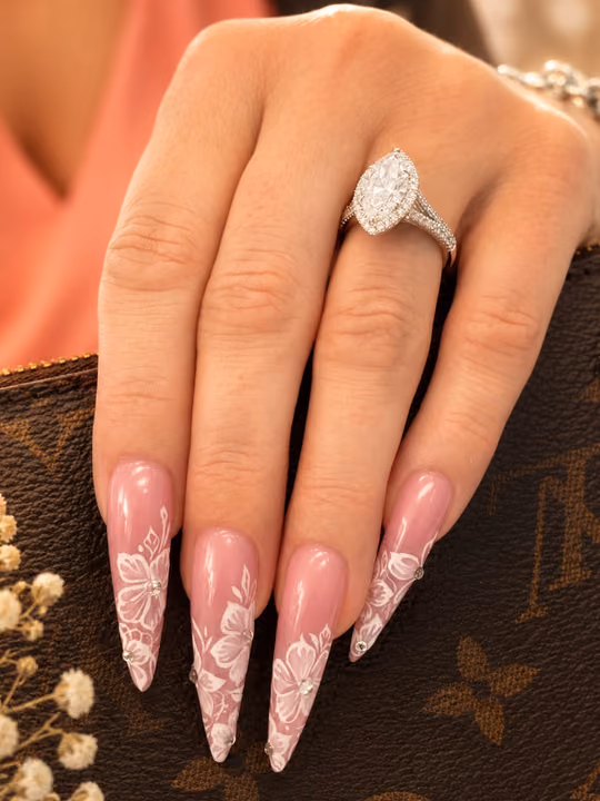 Hand Painting, Rhinestone Placement, Stiletto — nail work by Ambiance Nail Bar