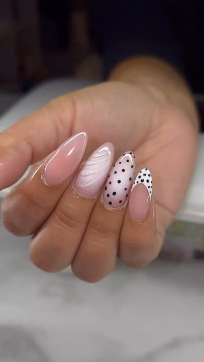 Almond, Dot Work, French Manicure, Textured Finish — nail work by Dallas Ga Nail Tech