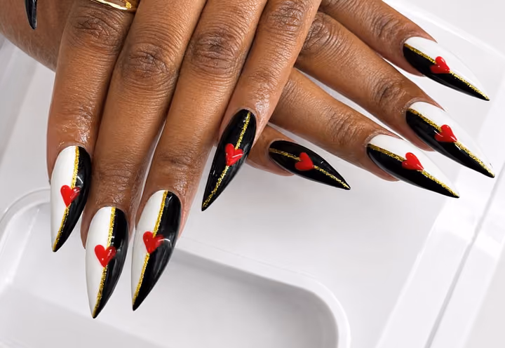 Transfer Foil, Negative Space, Stiletto, Structured Gel — nail work by Atlanta Nail Tech