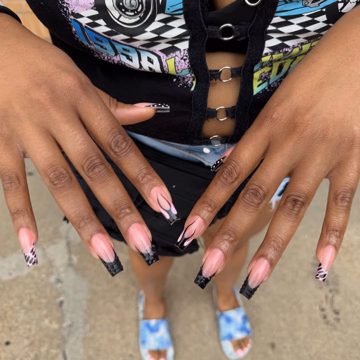 French Manicure, Hand Painting, Extreme Length, Negative Space — nail work by Clayton County- Black owned