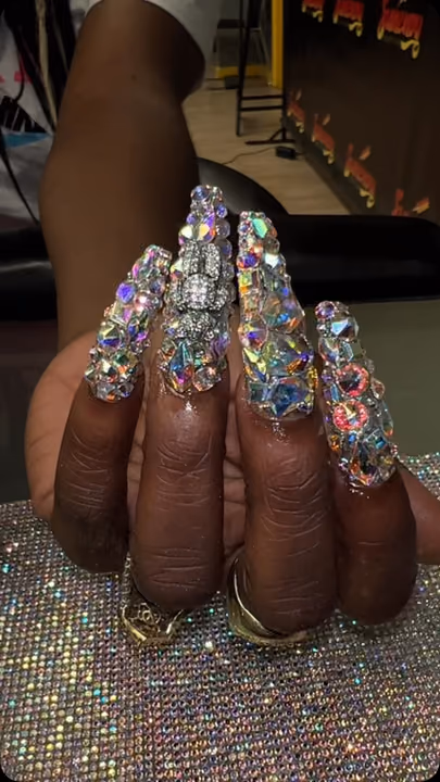 Crystal Placement, Extreme Length, Stiletto — nail work by Da Bling God