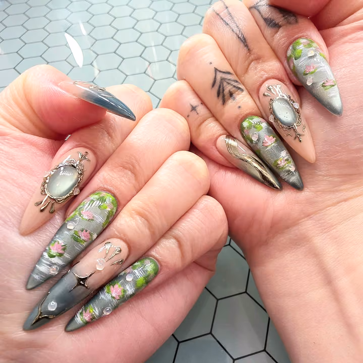3d Sculpting, Encapsulation, Hand Painting, Rhinestone Placement — nail work by Kat