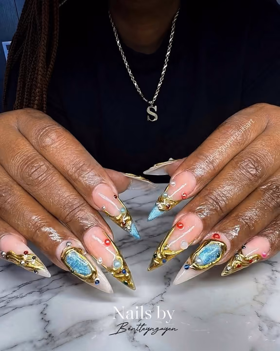 3d Sculpting, Chrome, Crystal Placement, Encapsulation — nail work by Buckhead Nail Studio