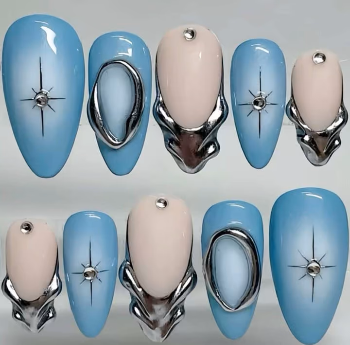 Airbrush, Chrome, Crystal Placement, Line Art — nail work by American Nails Cumming