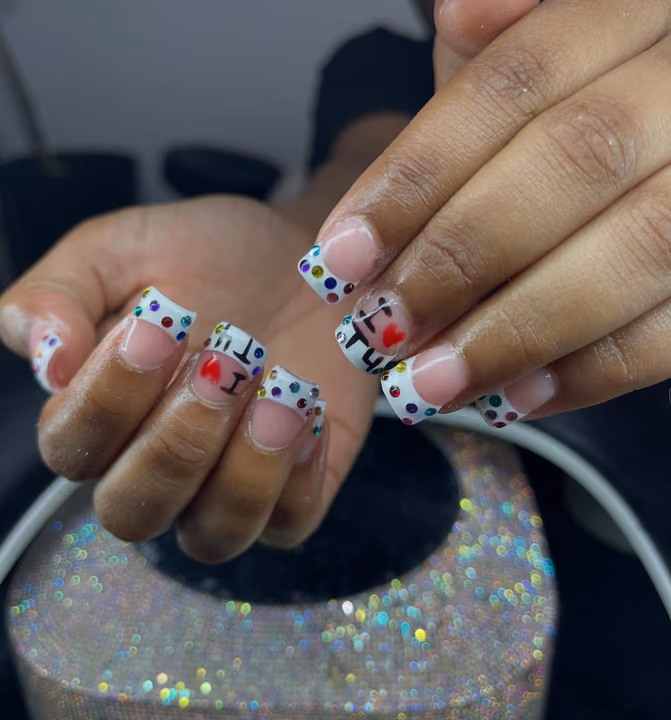 Hand Lettering, Rhinestone Placement — nail work by Liyah’s Lair