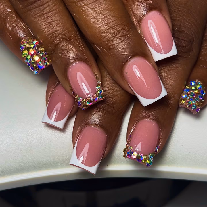 Crystal Placement, French Manicure, Structured Gel — nail work by Atlanta Nail Artist