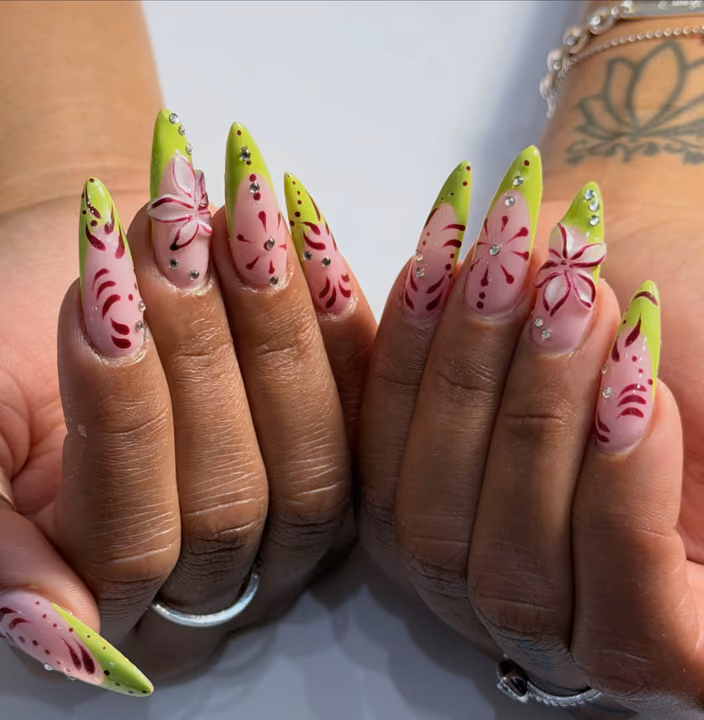3d Sculpting, Hand Painting, Rhinestone Placement, Stiletto — nail work by Nail Muse