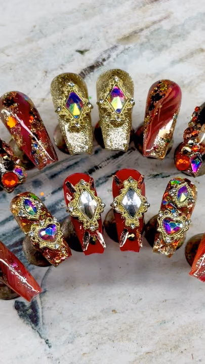 Charm Placement, Transfer Foil, Rhinestone Placement, Textured Finish — nail work by Southernly Sweet Nails