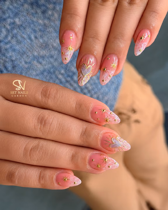 Charm Placement, Chrome, Marbling — nail work by SET NAILS GARDEN