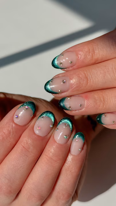 Cat Eye, Crystal Placement, French Manicure — nail work by Taylor Le