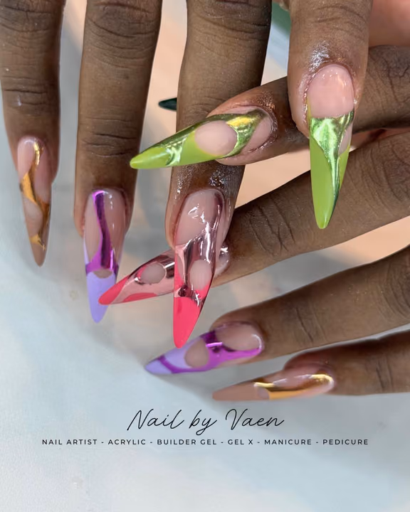 Chrome, Negative Space, Line Art, Stiletto — nail work by Buckhead Nail Studio