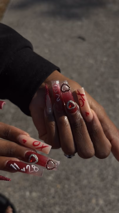 Charm Placement, Encapsulation, Hand Painting, Rhinestone Placement — nail work by Skyler Floyd