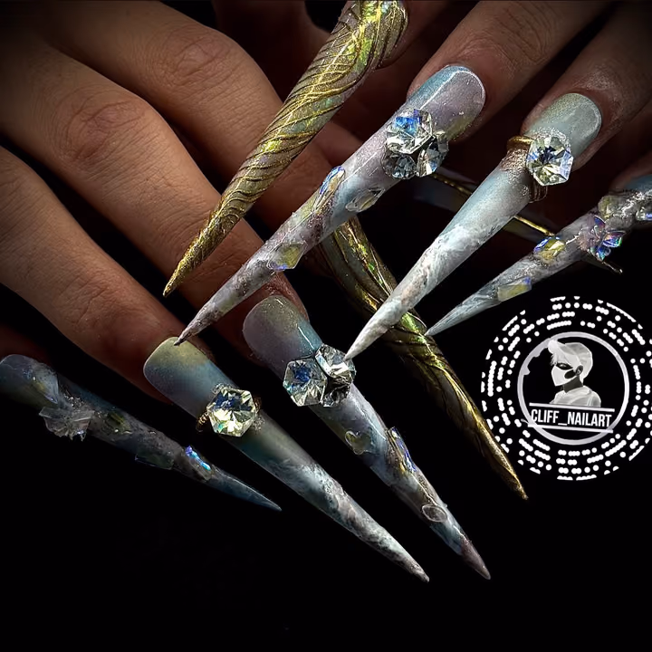 3d Sculpting, Crystal Placement, Extreme Length, Nail Extensions — nail work by Cliff Nail Art