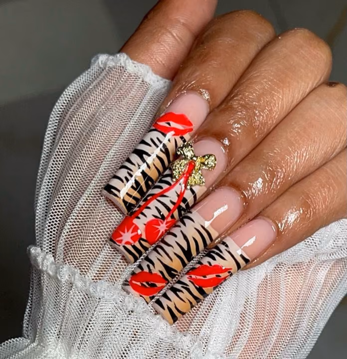 Charm Placement, Animal Print, Encapsulation, Extra Long Length — nail work by Atlantas #1 Nail Salon