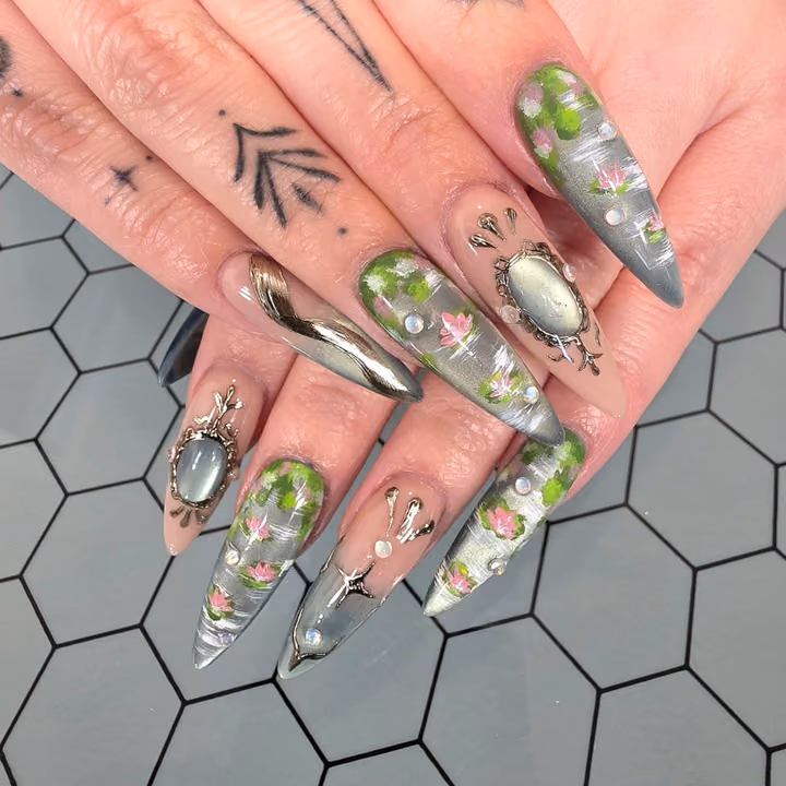 3d Sculpting, Cat Eye, Chrome, Hand Painting — nail work by Kat