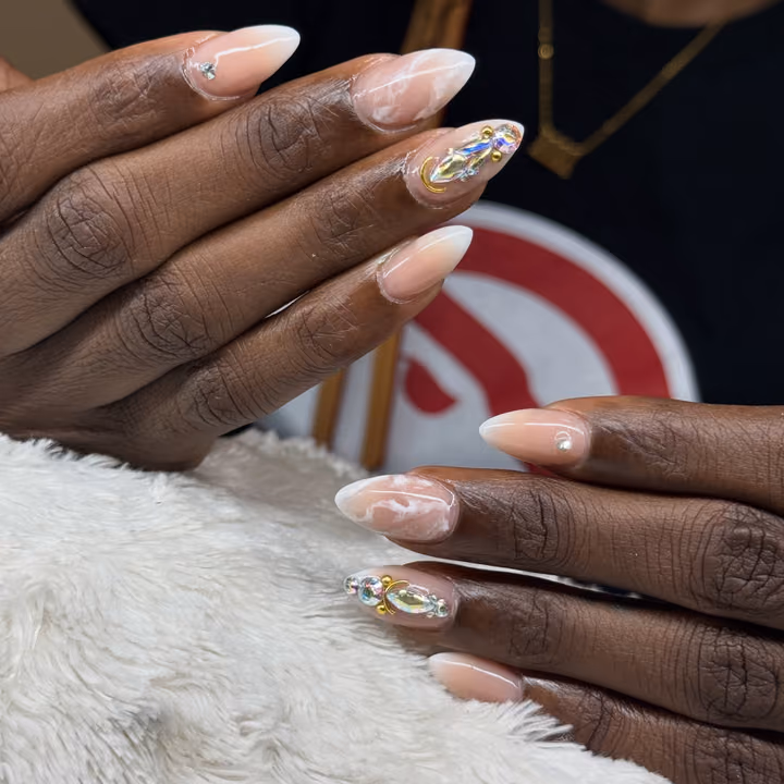 Crystal Placement, Marbling, Ombre — nail work by Meme