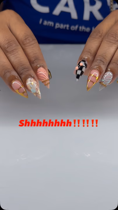 Checkerboard Art, Chrome, Raised Gel, Stiletto — nail work by Yesit Nails