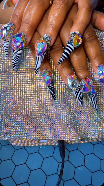 Crystal Placement, Extreme Length, Line Art, Stiletto — nail work by Da Bling God