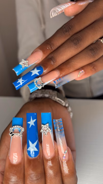 Airbrush, Encapsulation, Extra Long Length, Rhinestone Placement — nail work by Skyler Floyd