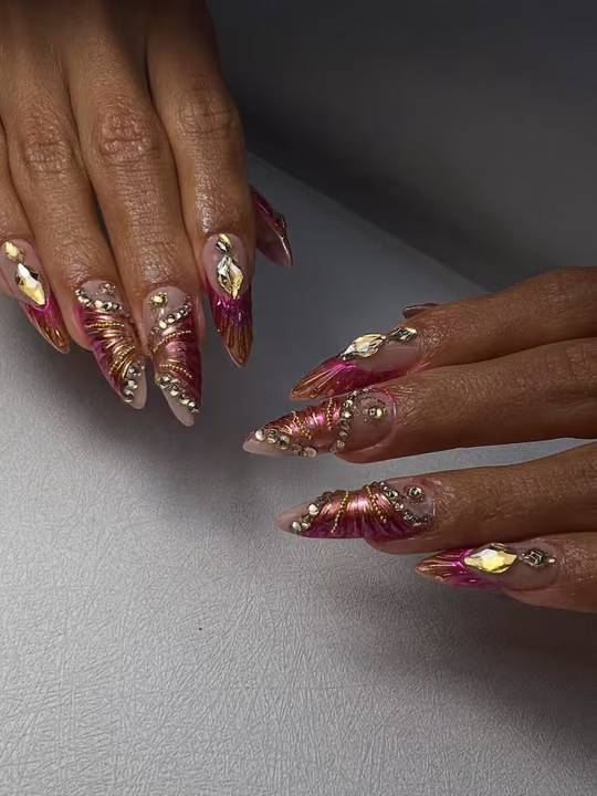 Chrome, Stiletto, Rhinestone Placement, Nail Extensions — nail work by Maya Nails & Beauty