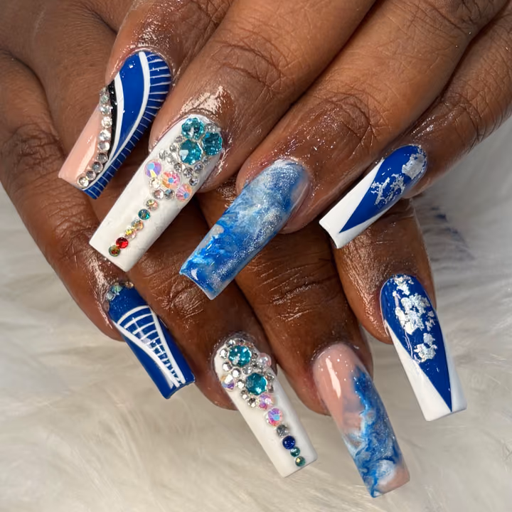 Crystal Placement, Transfer Foil, Geometric Art, Marbling — nail work by TARA NAILS & LASH -nails