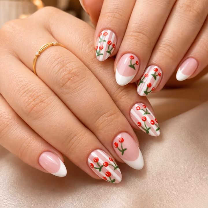 Almond, French Manicure, Hand Painting, Line Art — nail work by Ambiance Nail Bar