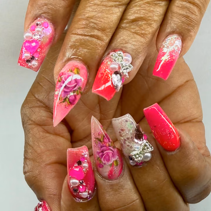 3d Sculpting, Crystal Placement, Encapsulation, Hand Painting — nail work by Southernly Sweet Nails