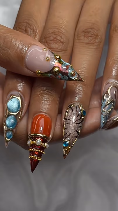 3d Sculpting, Stiletto, Mixed Media, Rhinestone Placement — nail work by Jay