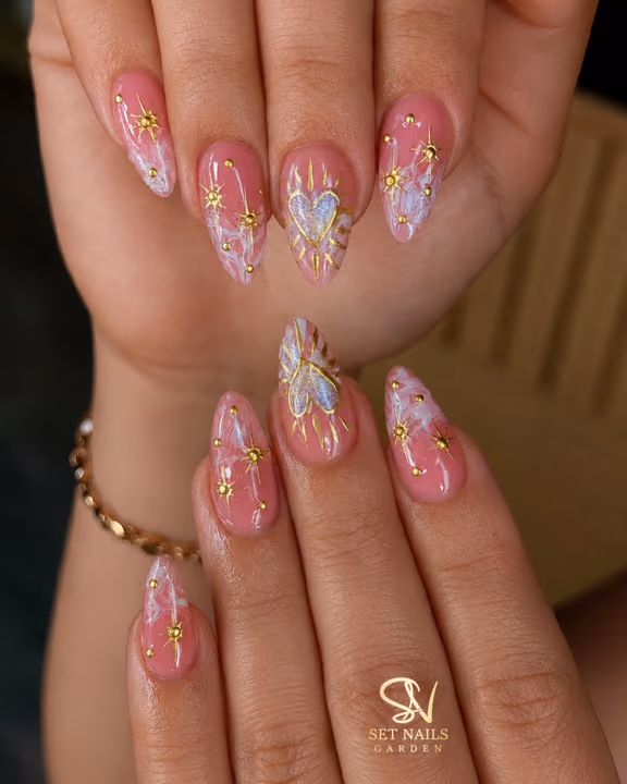 Charm Placement, Chrome, Marbling — nail work by SET NAILS GARDEN