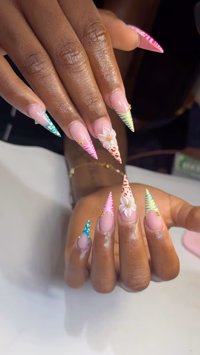 3d Sculpting, Hand Painting, Rhinestone Placement, Stiletto — nail work by NAIL TALK MIDTOWN(GEORGIA TECH)