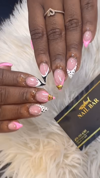French Manicure, Dot Work, Transfer Foil, Stiletto — nail work by Shark Nail Bar