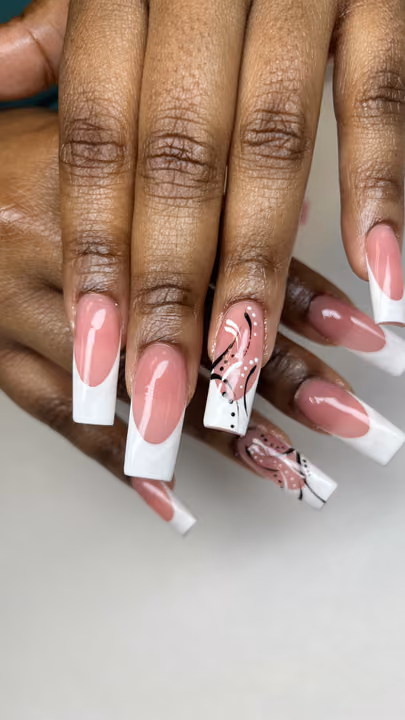 French Manicure, Hand Painting, Structured Gel — nail work by LD Nail Salon