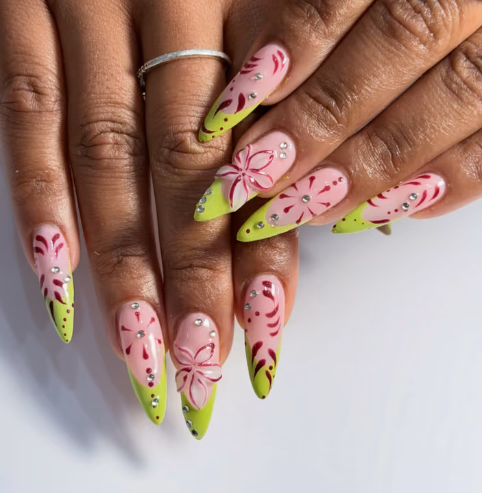 3d Sculpting, Hand Painting, Rhinestone Placement, Stiletto — nail work by Nail Muse