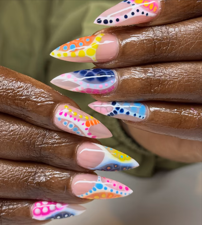 Airbrush, Hand Painting, Encapsulation, Stiletto — nail work by The Nail Nest