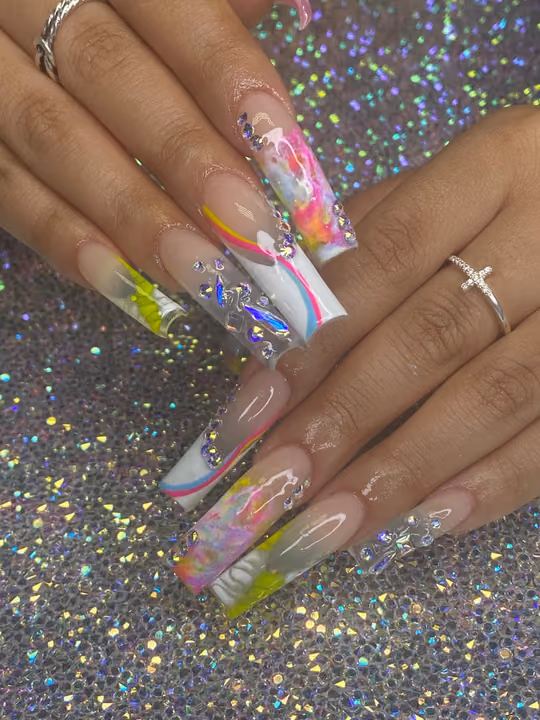 Abstract Art, Marbling, Rhinestone Placement — nail work by Nubi Nailz