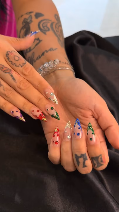 Negative Space, Line Art, Rhinestone Placement, Stiletto — nail work by Lush Nail Bar Grant Park