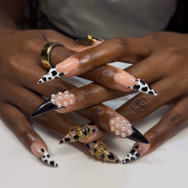 3d Sculpting, Animal Print, Hardware Placement, Pearl Embbellishment — nail work by NAIL TALK MIDTOWN(GEORGIA TECH)