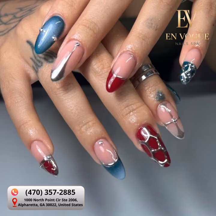 Chrome, Hardware Placement, Piercing, Reptile Print — nail work by En Vogue Nails Spa