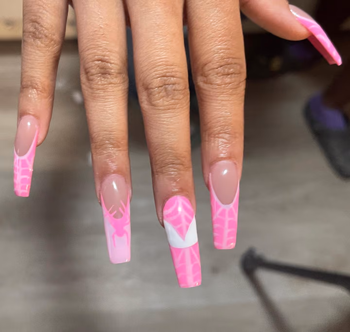 French Manicure, Hand Painting, Spider Gel — nail work by Atlanta Nail Artist