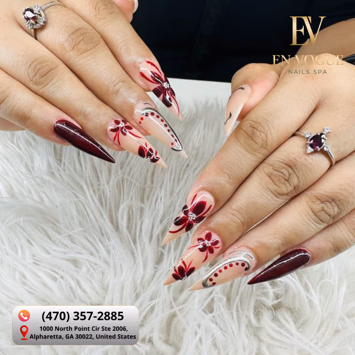 Hand Painting, Line Art, Rhinestone Placement, Stiletto — nail work by En Vogue Nails Spa