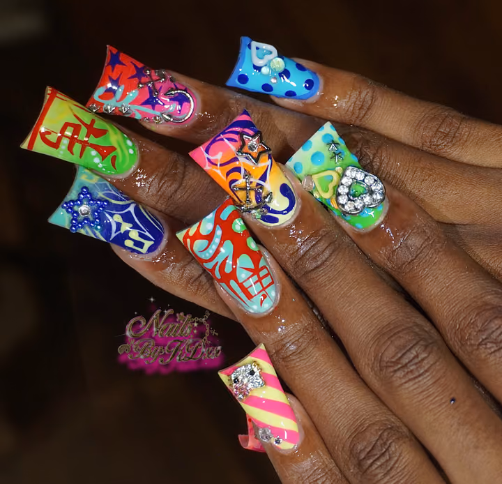 Airbrush, Charm Placement, Duck, Graffiti Art — nail work by ATL Nail Artist