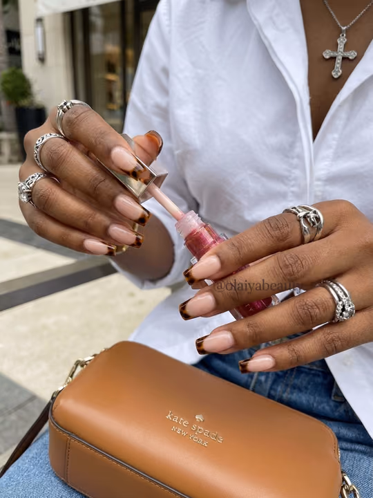 French Manicure, Square, Tortoiseshell Effect — nail work by Olaiya Beauty Atlantas Best Mobile Nails