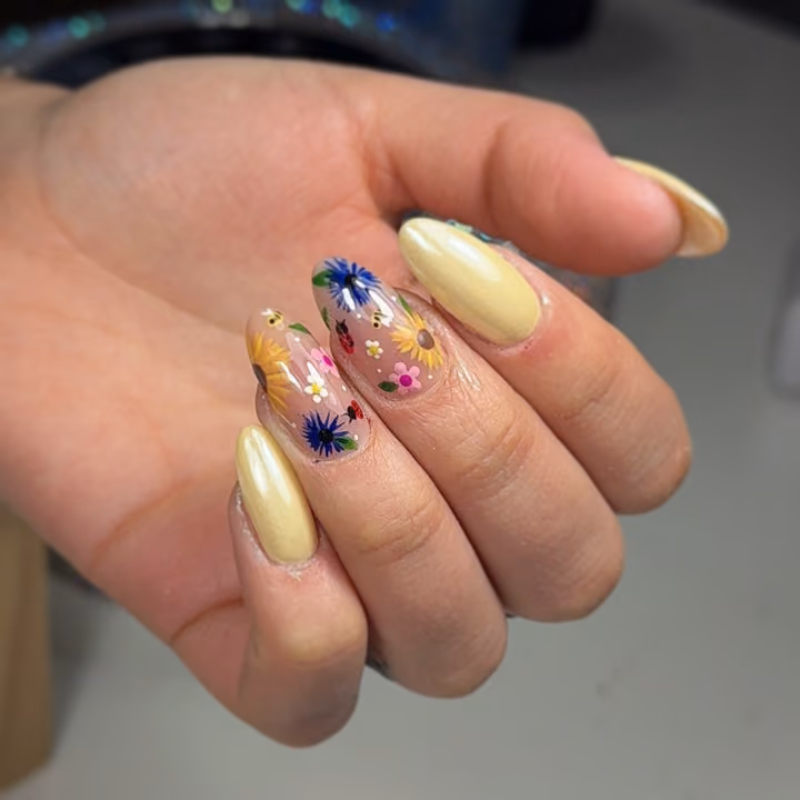 Chrome, Hand Painting, Structured Gel — nail work by VESTA BEAUTY NAILS