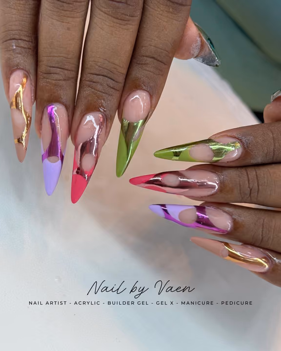 Chrome, Negative Space, Line Art, Stiletto — nail work by Buckhead Nail Studio